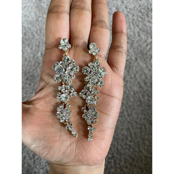 White rhinestone gold earrings clear long bridal prom crystal pierced earrings - Picture 6 of 9